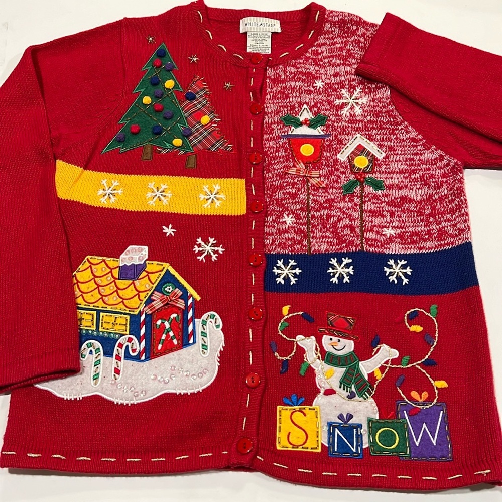 White Stag - L, red/blue, holiday, snowman sweater